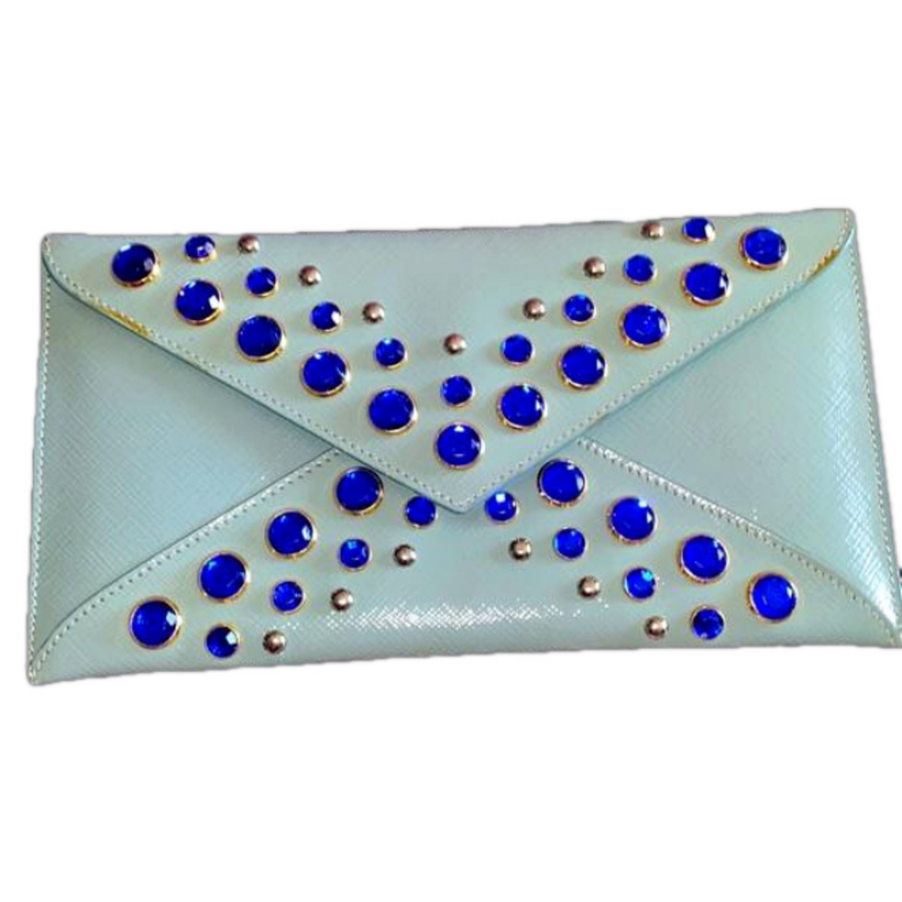 Prada Milano envelope vernis leather studded with rhinestones.